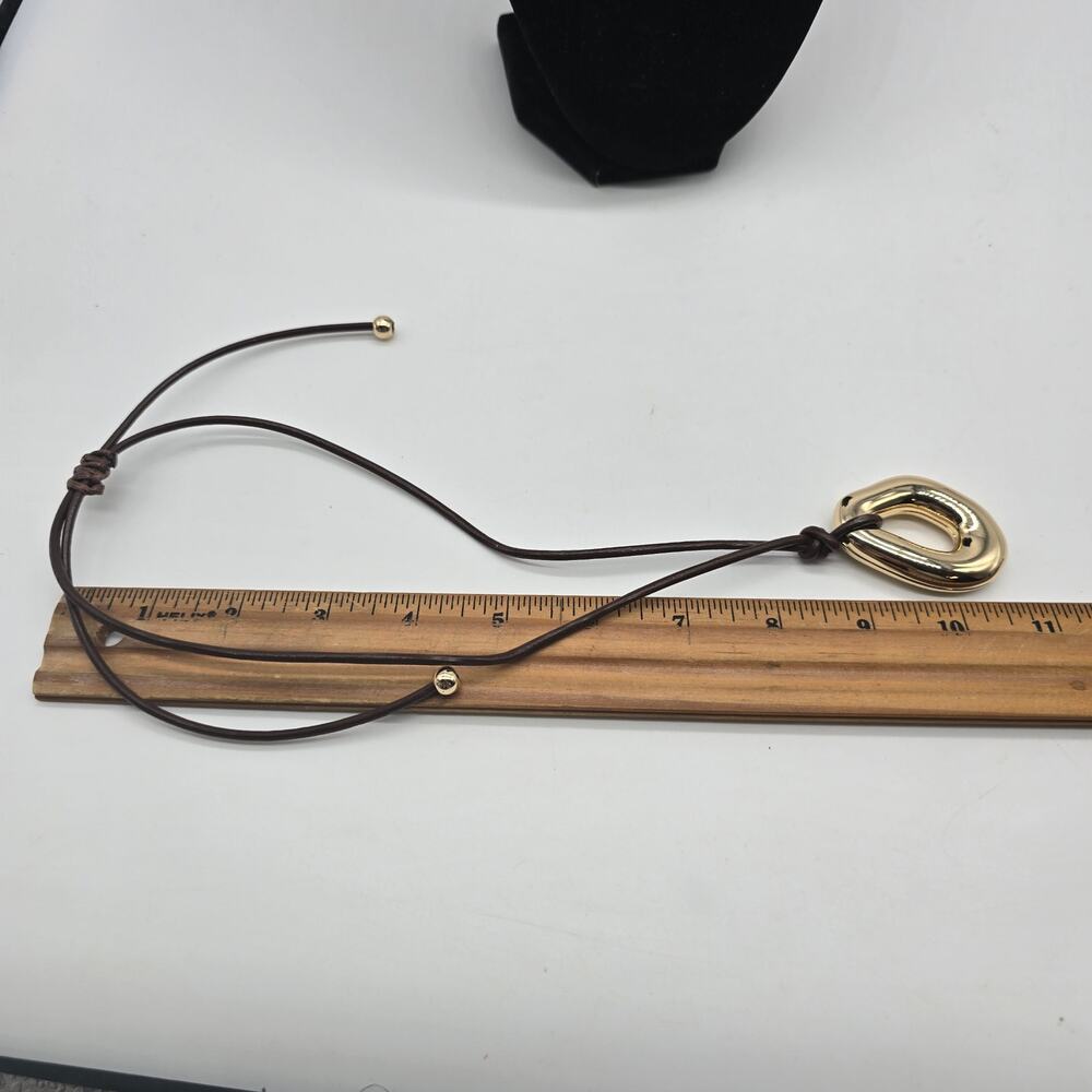 Atterri Brown Leather Cord Necklace and Gold Tone Pendant Adjustable Minimalist - Picture 5 of 5